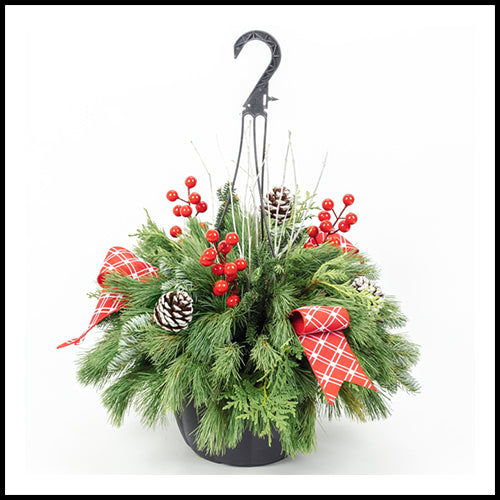 Winter Hanging Basket Red Bow 10"