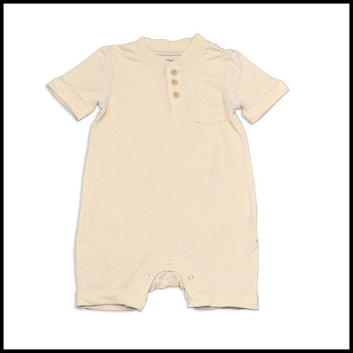 Bamboo Short Sleeve Romper with Buttons Soft Sand 6-12 mth