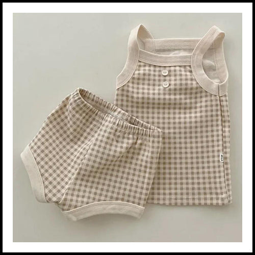 Short & Tank Top Set - Beige Check - 3-6mths