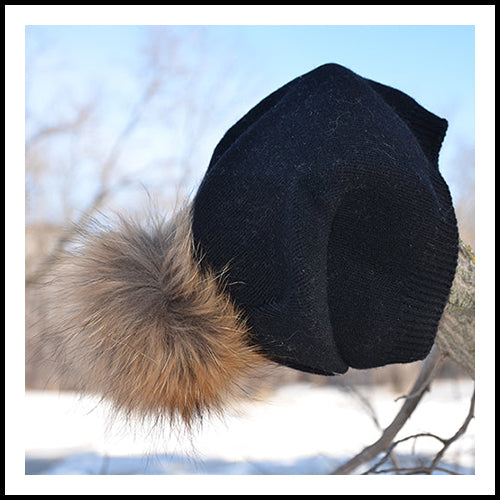 Knit Wool Fox Fur Pom Pom Hat - Black/Natural