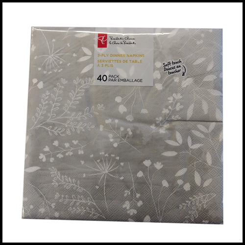 President's Choice Grey With White Leaf 3 Ply Dinner Napkins 40pk