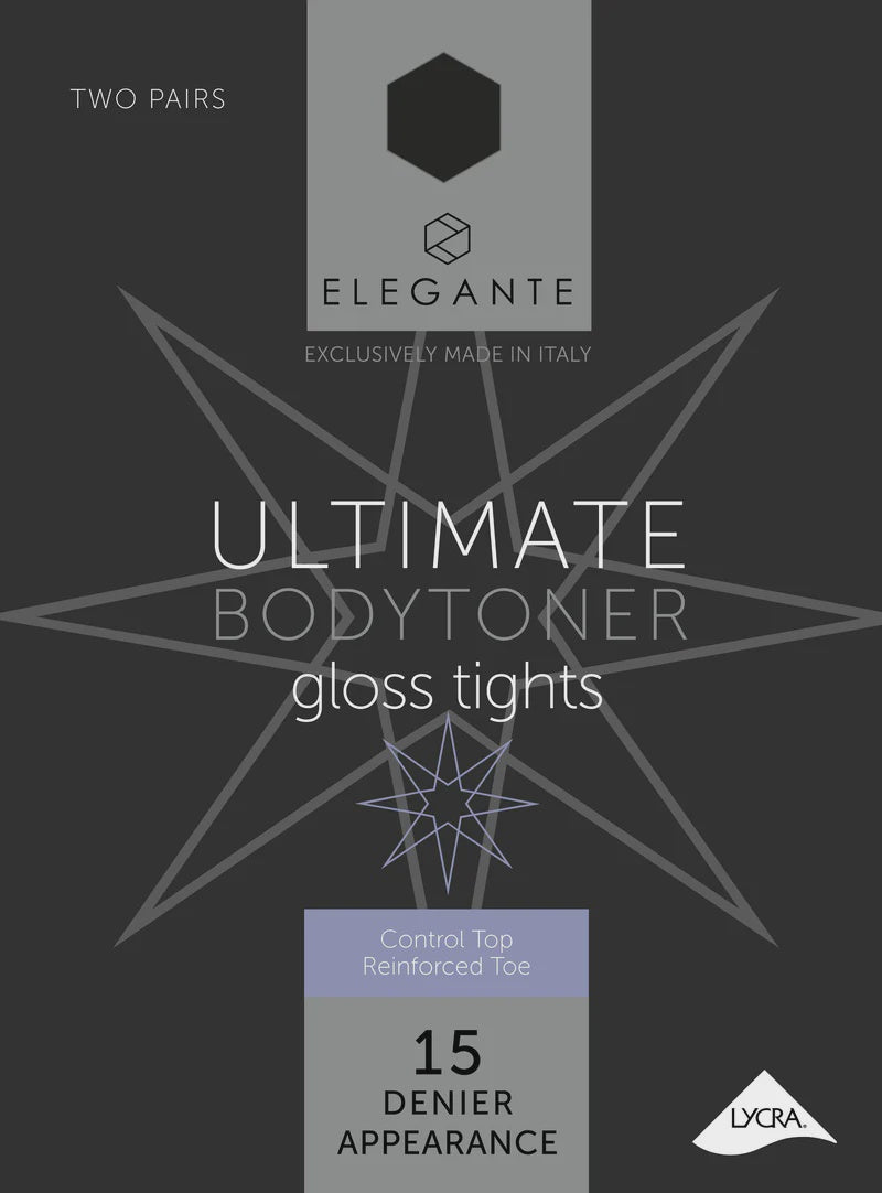 Elegante Ultimate Bodytoner Gloss 15D Black Nylons Size XL - 2 pair