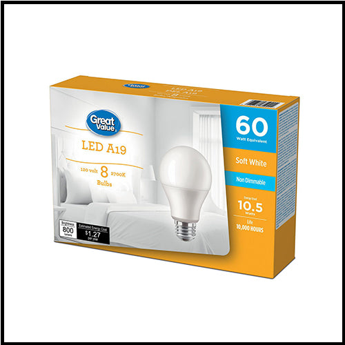 Great Value Soft White 60W A19 Led Light Bulbs 8pk