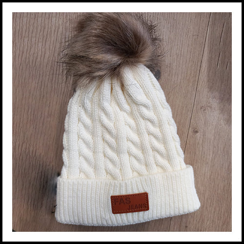 Ribbed Pompom Beanie - White - 0-3Y