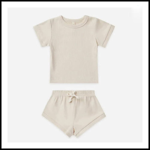 Quincy Mae Ribbed Short 2pc Set - Natural - 12-18mths