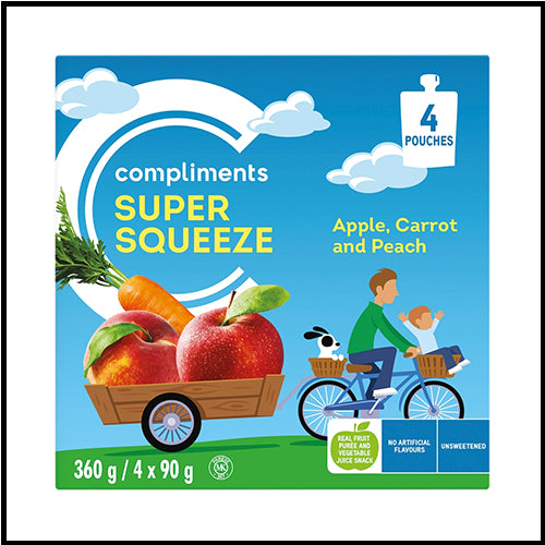 Compliments Super Squeeze Pouches Apple Carrot Peach 90g x4ct