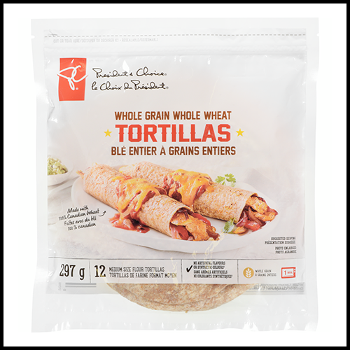 Presidents Choice Tortilla Wraps Medium 7" Flour Whole Grain Whole Wheat 12ct 297g